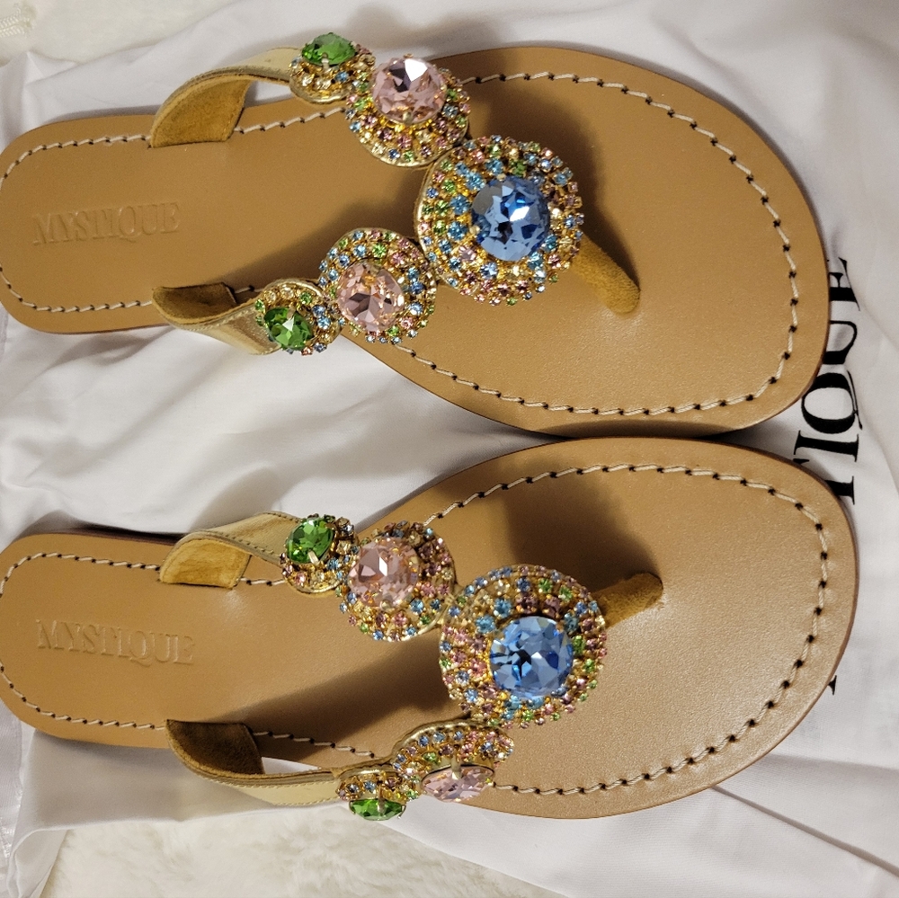 Mystique Boutique Gold T-Strap Sandals with Multicolor Gem Accents Size 10 - Picture 3 of 5
